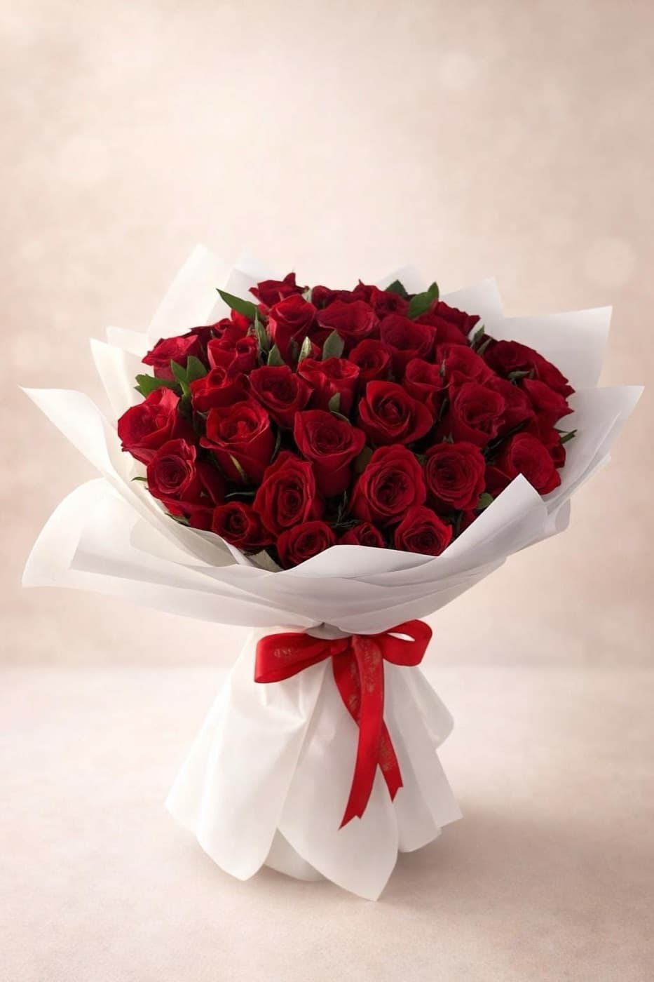 Deep red roses in white wrap, tied with a red ribbon